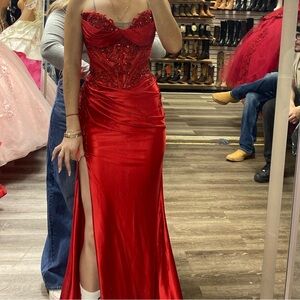 Strapless Red Beaded Evening Gown